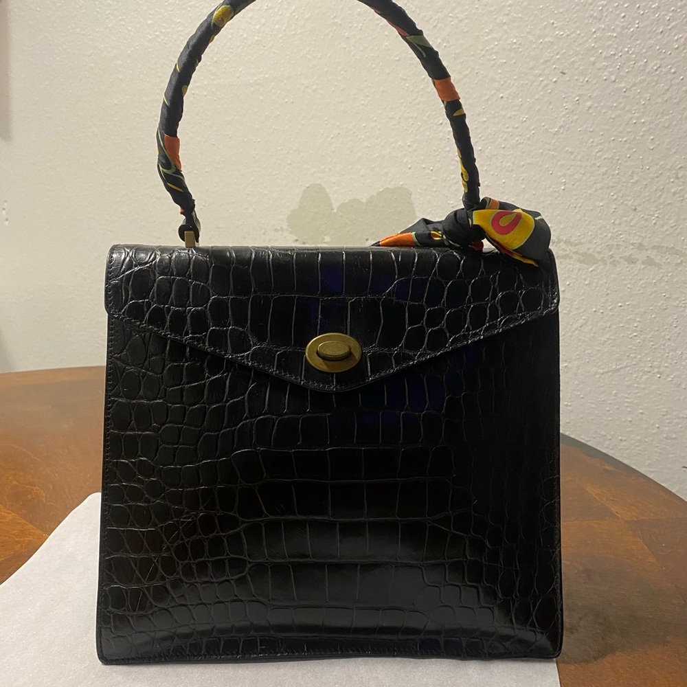 Miu Miu Black Crocodile-Embossed Satchel with Scarf Handle